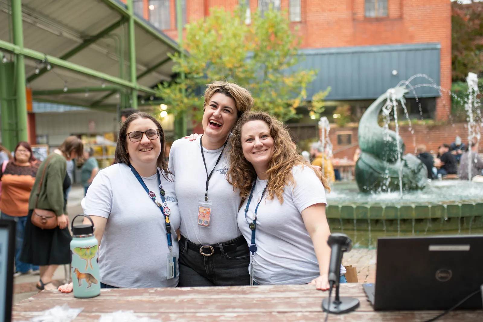 Lynchburg Public Library staff at the Lynchburg Community Market fountain