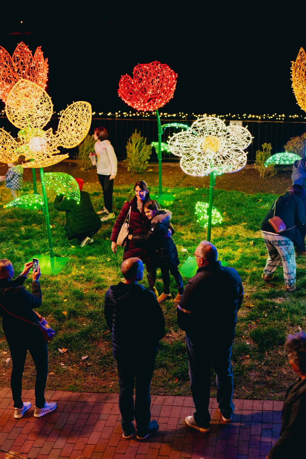 Visitors wandering among giant lit-up flower sculptures on the Bluffwalk