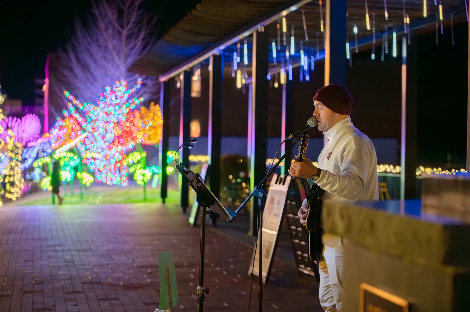 A musician performing under the lights with the illuminated Bluffwalk trees behind him