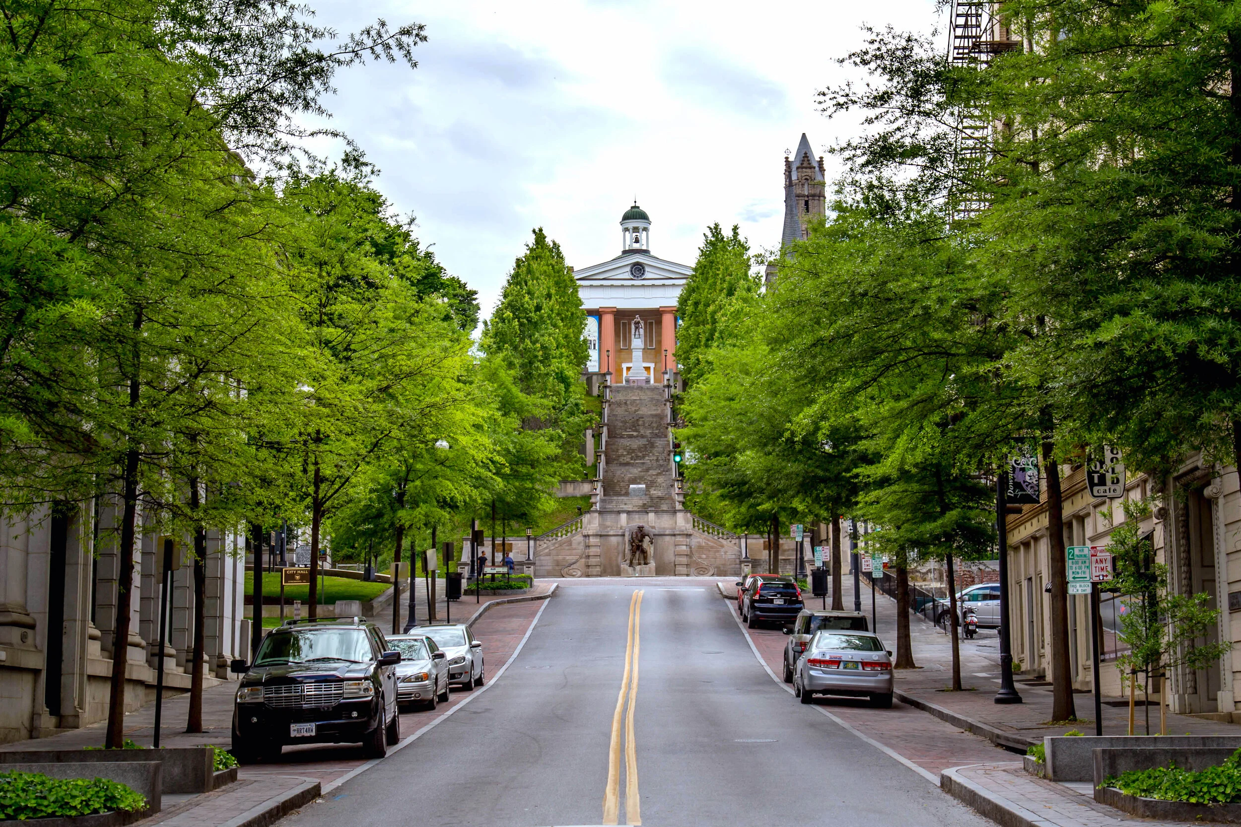 Tree-lined Court Street in Downtown Lynchburg with on-street parking