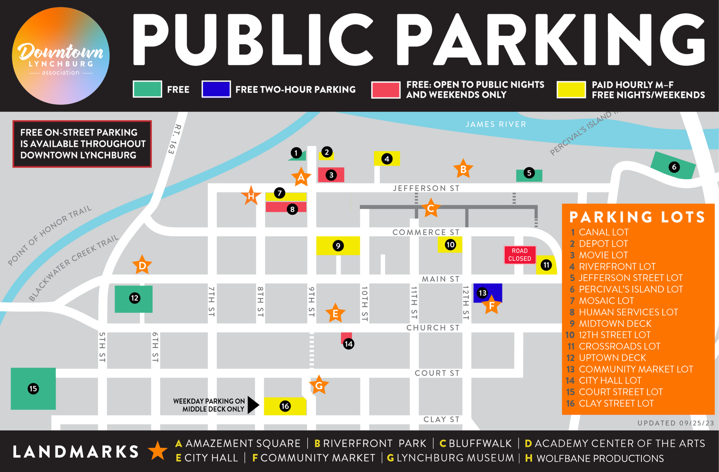Map of parking lots and on-street parking throughout Downtown Lynchburg